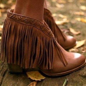 Leather Brown Fringe Booties 6 anthro